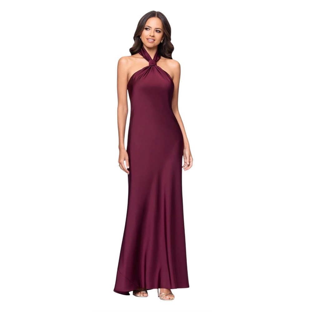 New! Betsy & Adam Esmerelda Satin Halter Neck Gown Wine Size 8 - Picture 8 of 8